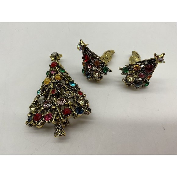 Hollycraft Vintage Christmas Tree Pin w/Matching Clip Earrings MCM Collectible - Picture 14 of 16